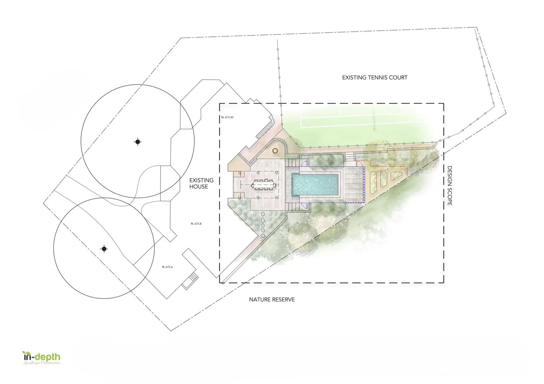 Detailed landscape site plan showing levels and structures for a Canberra block